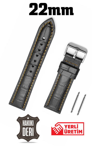 Saatse Black Crocodile Tan Stitched Curved Genuine Leather Watch Band Strap