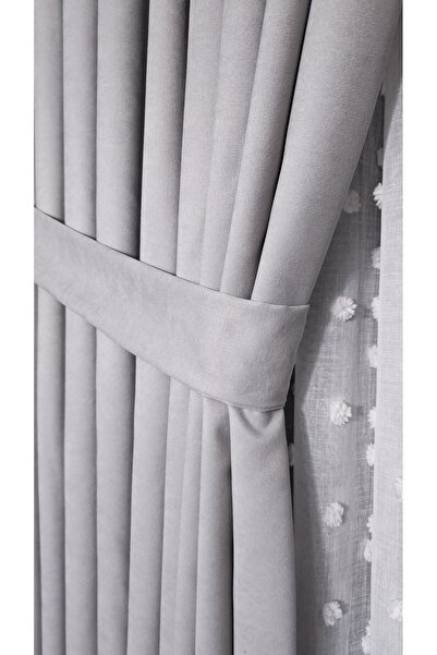 Yuka Light Gray Velvet Textured Background Curtain Single Panel Without Pleat...