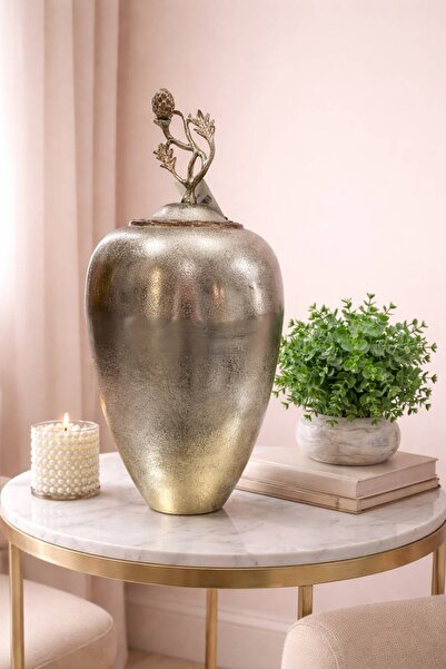 elif aksesuar Royal Metal Cast Iron Cube Vase with Lid 22X40Cm