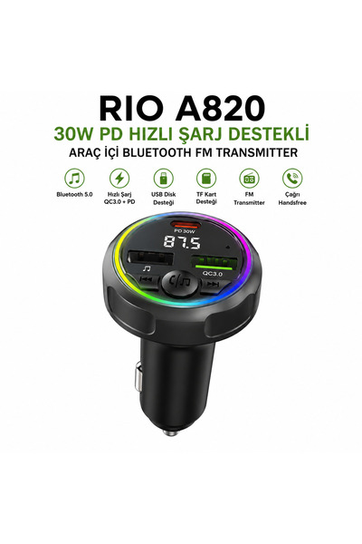 Rio Araç İçi Bluetooth FM Transmitter – 30W PD Hızlı Şarj Destekli Usb,Type-C...