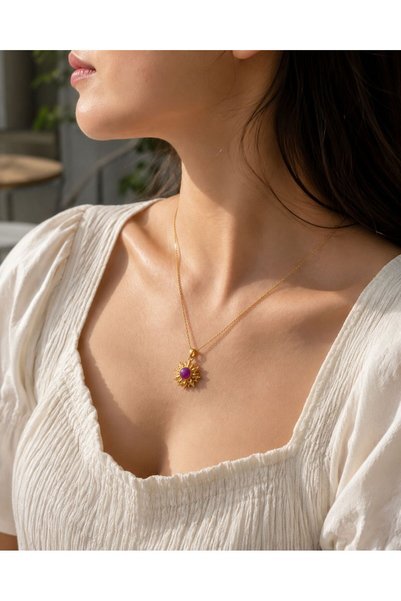 CASPARA Women's Aurora Sunflower Stress Necklace |   Rotating Gold Color Steel with Purple Stone, Suitable as a Gift for Weddings and Daily Use