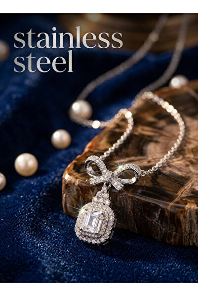 stainless steell قلادة من الفولاذ 316L باللون الفضي مع تفاصيل على شكل فيونكة ...