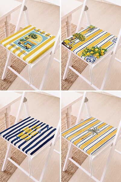 Home Set of 4 Lemon and Striped La Dolce Vita Patterned Lace-Up Chair Cushion...