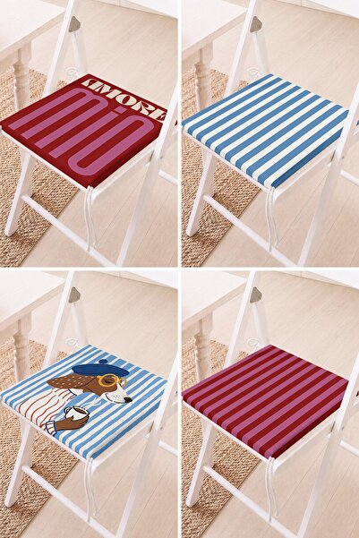 Home Set of 4 Lace-Up Chair Cushions with Written Patterns, Stripes and Dog F...