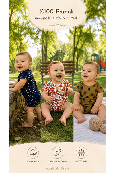 CemBebe 3-Piece Romper Set for Babies, Short Sleeve, Summer, Comfortable, Con...