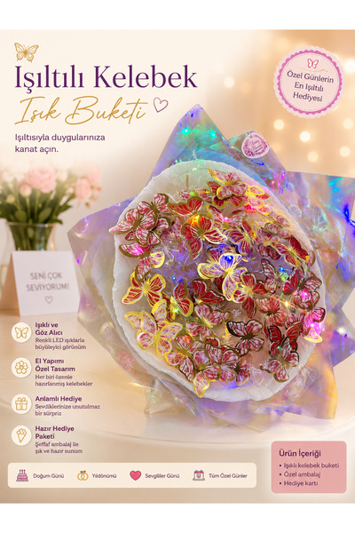 UMAY FLOWERS Kelebek buketi ledli şık tasarım