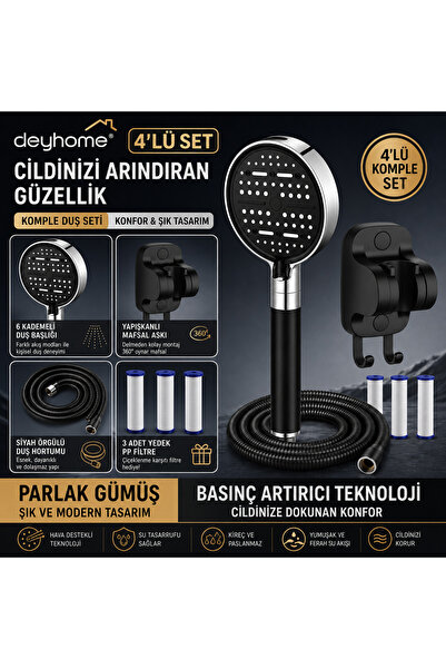 DEYHOME 6 Kademeli Basınç Artırıcı Filtreli Duş Başlığı Slikon Tutamaçlı PP F...