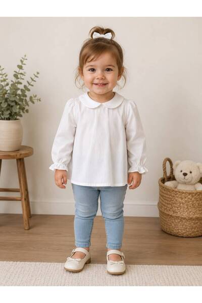 favorimkids Girl's White Collared Long Sleeve Shirt