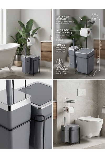 sitil eviniz Andezit - Bronz Telli 2'li Kare WC Kağıtlığı WC Fırçalığı Çöp Ko...