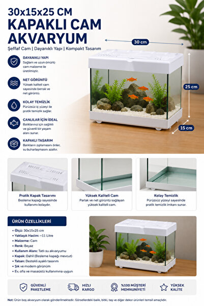 AquaNanoCube 35x15x25 cm Kapaklı Cam Akvaryum Beyaz Çerçeveli Şeffaf Balık Ak...