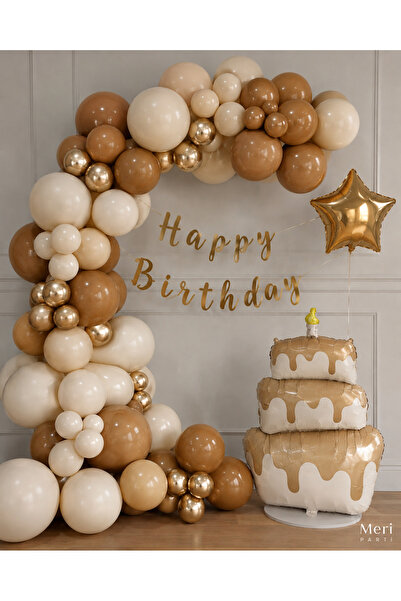 MERİ PARTİ Foil Balloon Happy Birthday Balloon Chain Set – Sea Sand Caramel G...