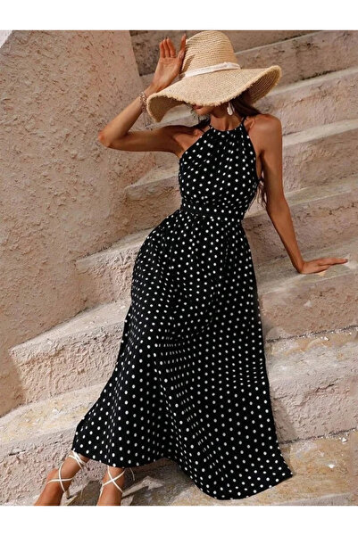 USLUCAN ALIŞVERİŞ Women's Off-The-Shoulder Halter Neck Polka Dot Long Knitted...