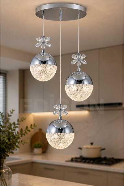 Edison 3'lü Gümüş Kristal Sarkıt Avize 3 Renk LED Modern Salon Yemek Masası M...