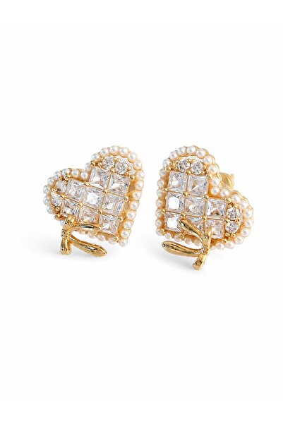 serelya Brass Gold Color Bow Detail Heart Earrings with Pearls and Zircon Stones