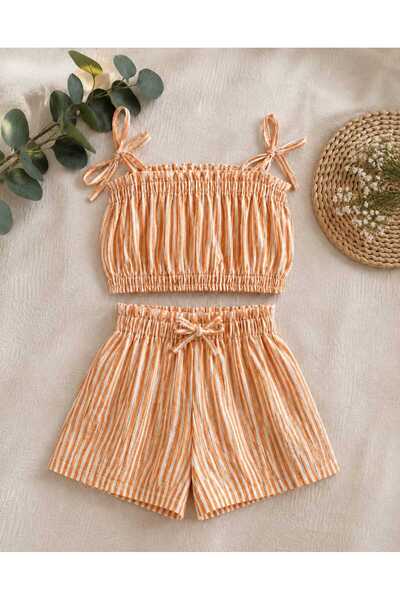 BEBEĞİME ÇORAP Girl's Muslin Set with Straps Crop Blouse & Shorts