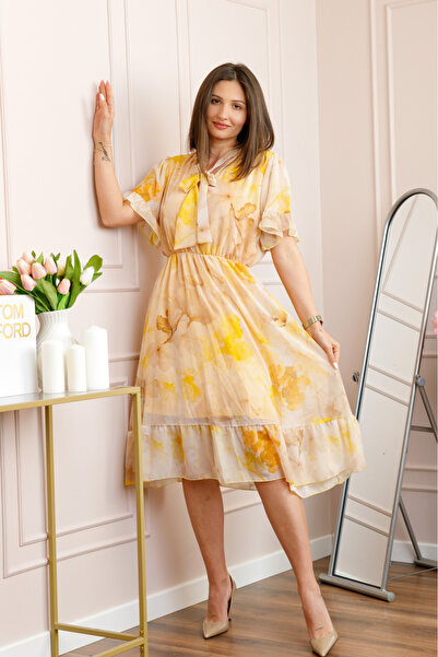 OEM Rochie midi galbena Annalise cu imprimeu floral si funda la decolteu