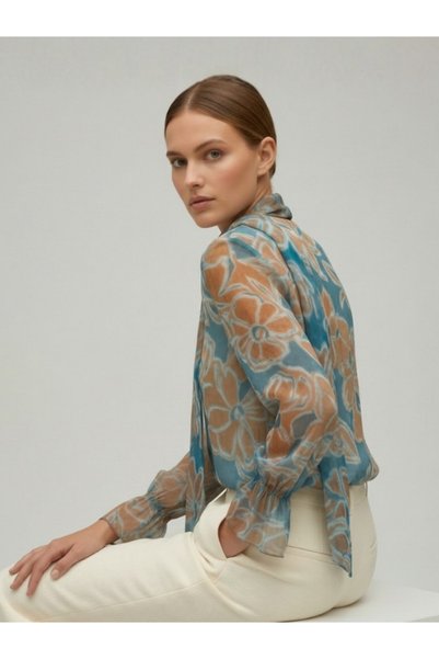 Vaura Multi-Colored Voile Chiffon Blouse with Scarf Detail