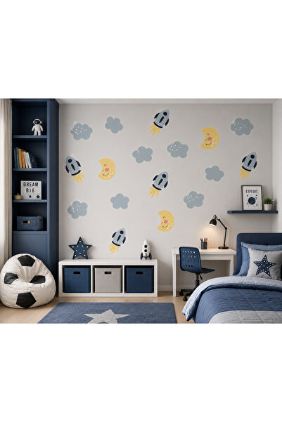 kargo poşetim Space Themed Wall Stickers – Set with Rocket, Cloud, and Moon F...