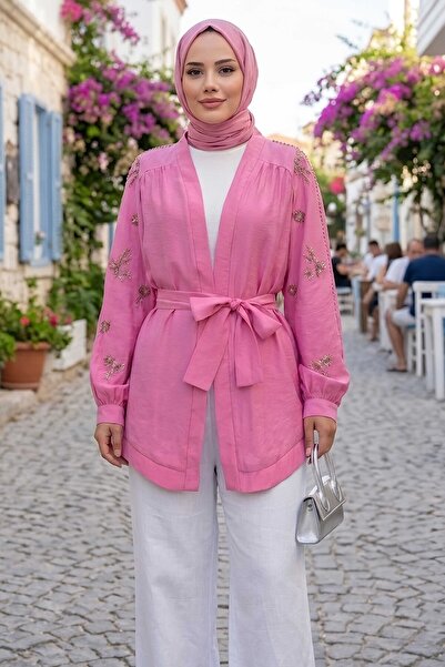 TOFİSA Pullu Kemerli Kimono Fuşya - 28541-FUSYA