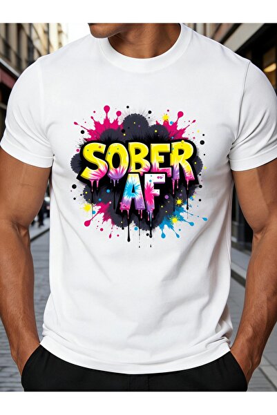 NOURAM تي شيرت رجالي ملون بتصميم جرافيتي مع نص 'Sober Af'، ملابس كاجوال للارت...