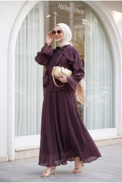 Modamorfo Tulle Modal Set with Tie Collar and Ruffled Front - Plum