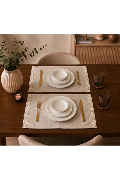 Econice Linen Beige Leafy Etamine Fabric, American Service Set of 2