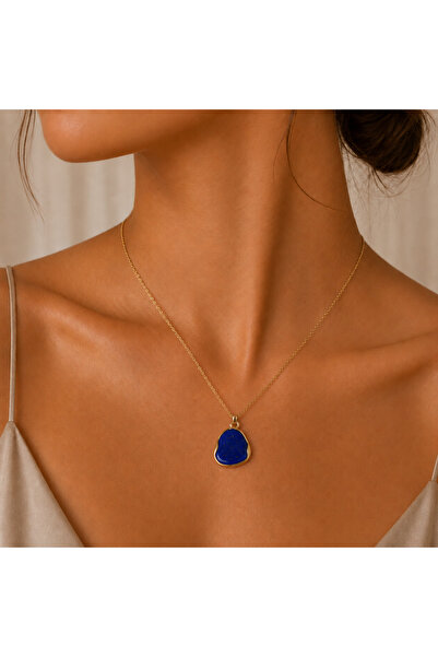 Bk Gift Natural Stone Look Blue Necklace with Gold Color Chain Minimal Women'...