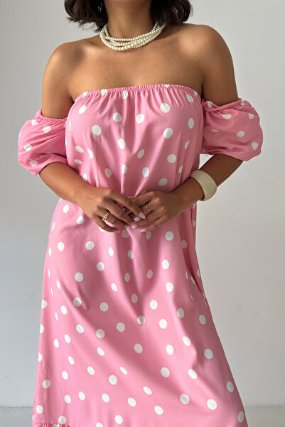 KENZA'A TRİKO Polka Dot Balloon Sleeve Strapless Dress
