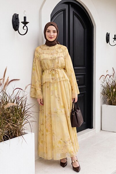 Modamorfo Wide-Sleeved, Patterned, Lined Chiffon Suit with Pleated Skirt - Ol...