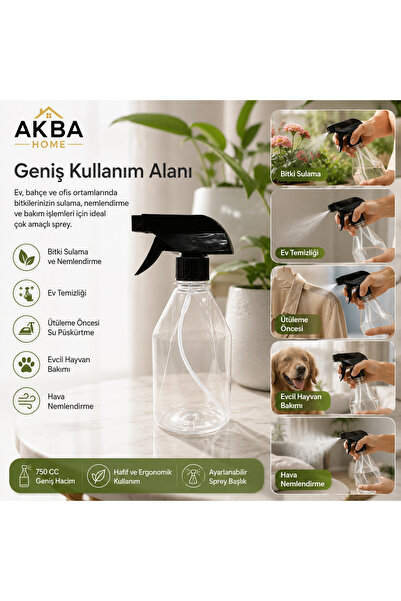 AKBA HOME 500 ML Şeffaf Boş Fısfıs Sprey Şişe Çok Amaçlı Bitki Sulama Temizli...