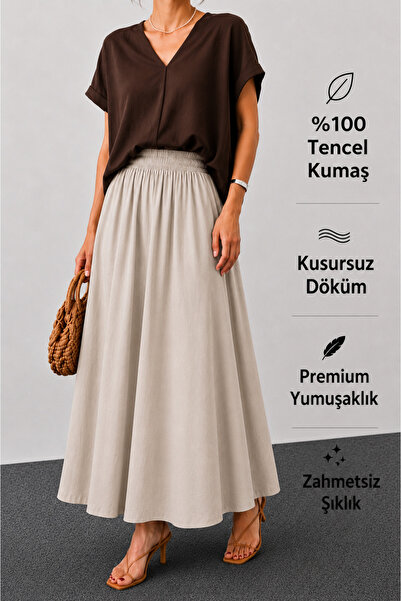 CNRCollection Kadın Bej Cepli Beli Lastikli Yumuşak Dokulu %100 Tencel Kumaş ...