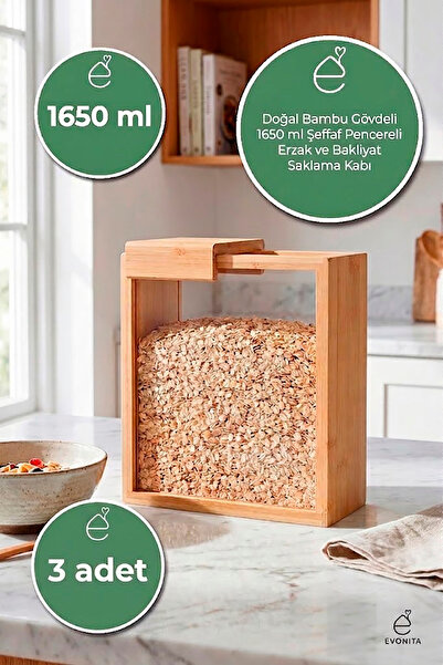 EVONİTA 1650 ML Bambu Kapaklı Erzak Kabı Bakliyat Saklama Kabı Mutfak Organiz...