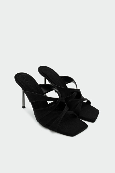 LAMİNTA Cunda Cross Detailed Women's Black Satin Heeled Slippers