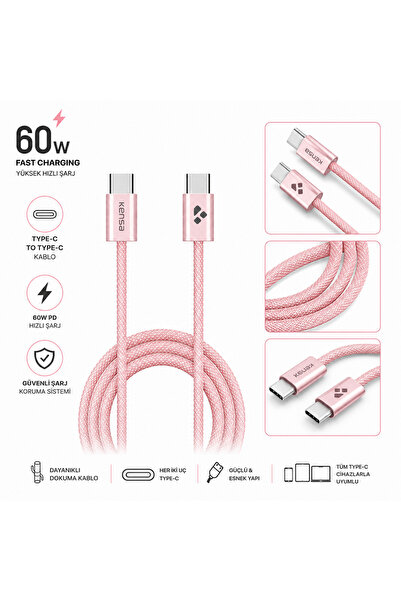 VDT STORE Kensa 60W PD Hızlı Şarj USB Type-C to Type-C Örgülü Şarj ve Data Ka...