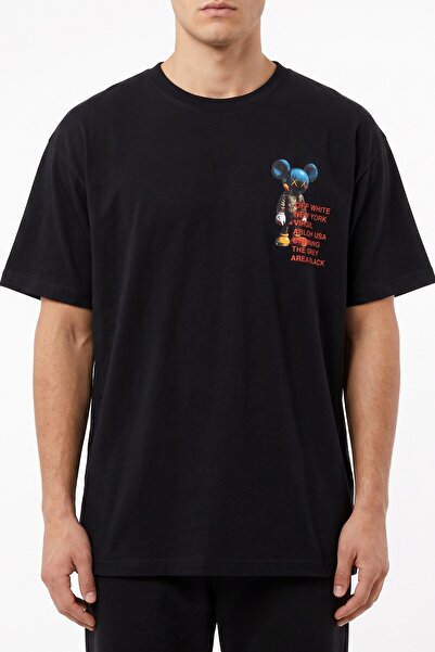 hadiora Men's Black Relaxed B-Neck Cotton T-Shirt with Front and Back Print