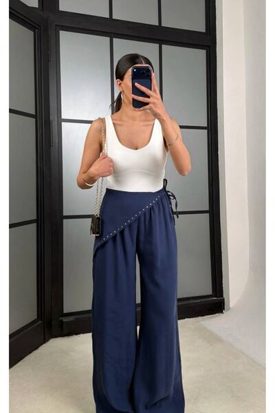 Olbia Kadın Lacivert Beli Lastikli Bandana Detaylı Tensel Pantolon