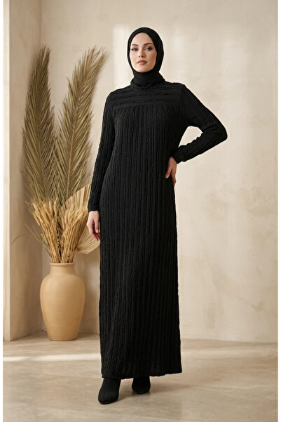 sefamerve Ruffle Detailed Elastic Sleeves Hijab Dress 0560-04 Black