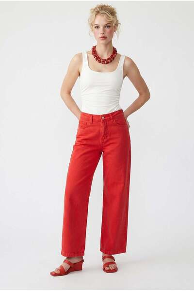 Mixray 2128 Women's Slim Seasonal High Waist Wide Leg Denim Trousers Red