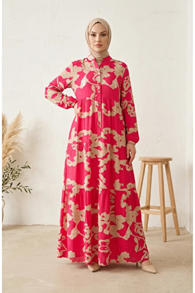 sefamerve Viscose Fabric Patterned Hijab Dress 4123-01 Fuchsia