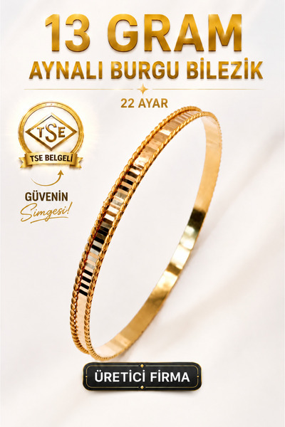 Aks Gold 22 Ayar TSE Belgeli (13 GRAM) Aynalı Burgu Ajda Bilezik Gold Altın B...