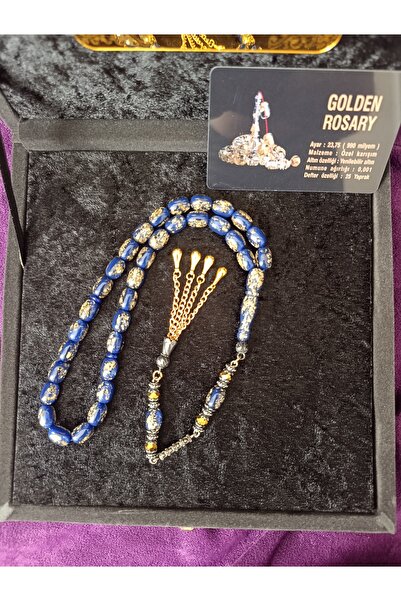 ESMEN Mavi Altın Parçacıklı Golden Rosary Tesbih Sertifikalı Hediye Kutulu