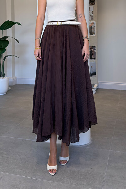 MAGARDE Elastic Waist Lined Skirt with Frills - Brown