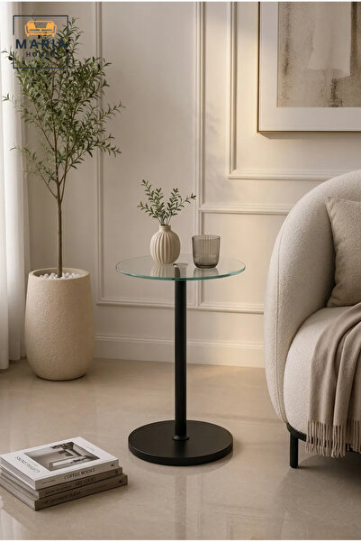 MARIA HOMES Minimalist Round Glass Side Table with Black Metal Pedestal Base ...