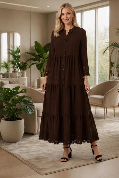 AZRA BUTİK Viscose Loose Dress with Lace Detail on Sleeves and Hem in Brown
