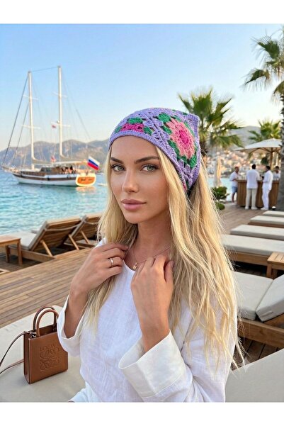 sema aksesuar Πλεκτή Μπαντάνα με Μοτίβο Λουλουδιών - Πλεκτό Αξεσουάρ Μαλλιών ...