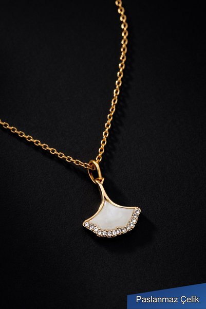 THE Steel Women's Gold Color Stone Ginkgo Leaf Necklace
