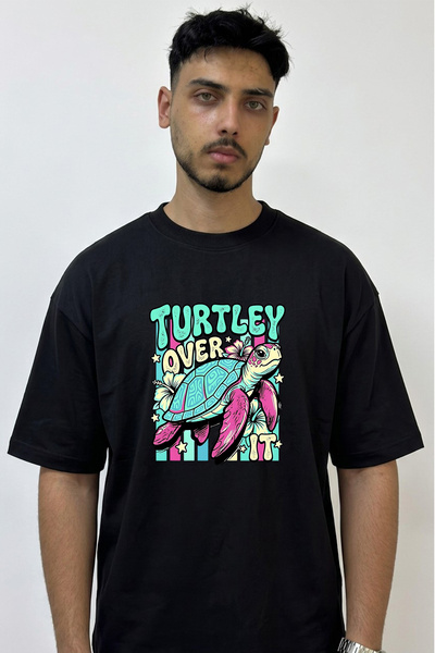 Anetos Tropical Turtle_1 Design Printed Oversize Black T-Shirt