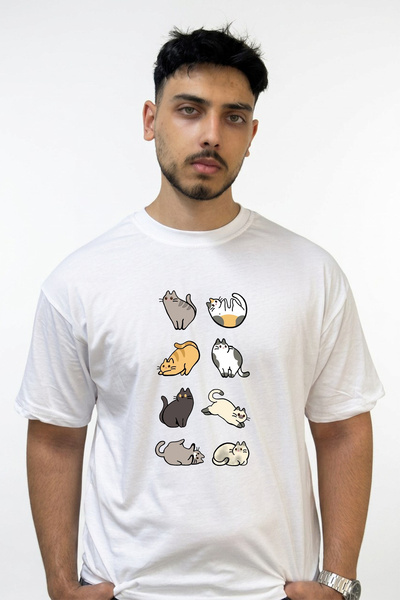 Anetos Cartoon Cats Design Printed Oversize White T-Shirt
