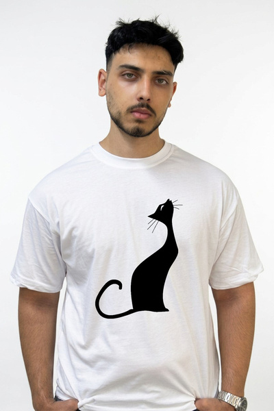 Anetos Kara Kedi_1 Design Printed Oversize White T-Shirt
