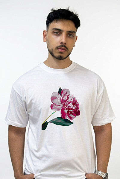 Anetos Pink Peony Design Printed Oversize White T-Shirt